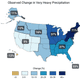 The map shows percent increases in the amount of precipitation falling in very heavy events (defined as the heaviest 1% of all daily events) from 1958 to 2012 for each region of the U.S.